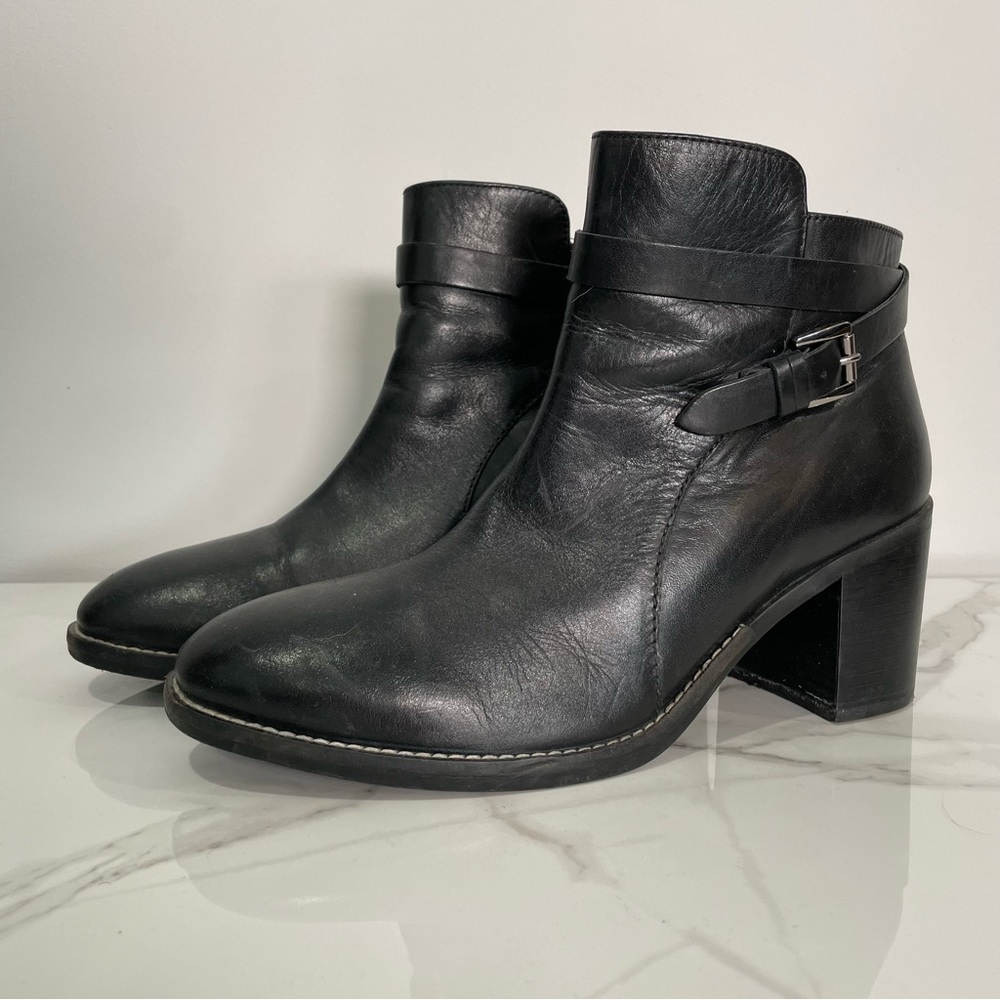 Black Leather Ankle Boots with Buckle Strap - Women